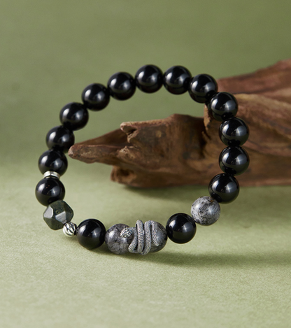 Black Mamba Serpent’s Essence Obsidian Crystal & Silver Snake Bracelet for Men | VB24731-1BBYS