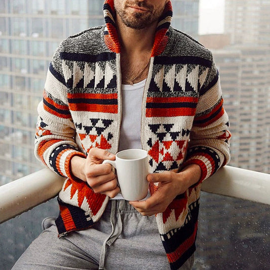 Men's Zipper Cardigan Jacket European & American Long Sleeve Lapel Jacquard Sweater | SY0012