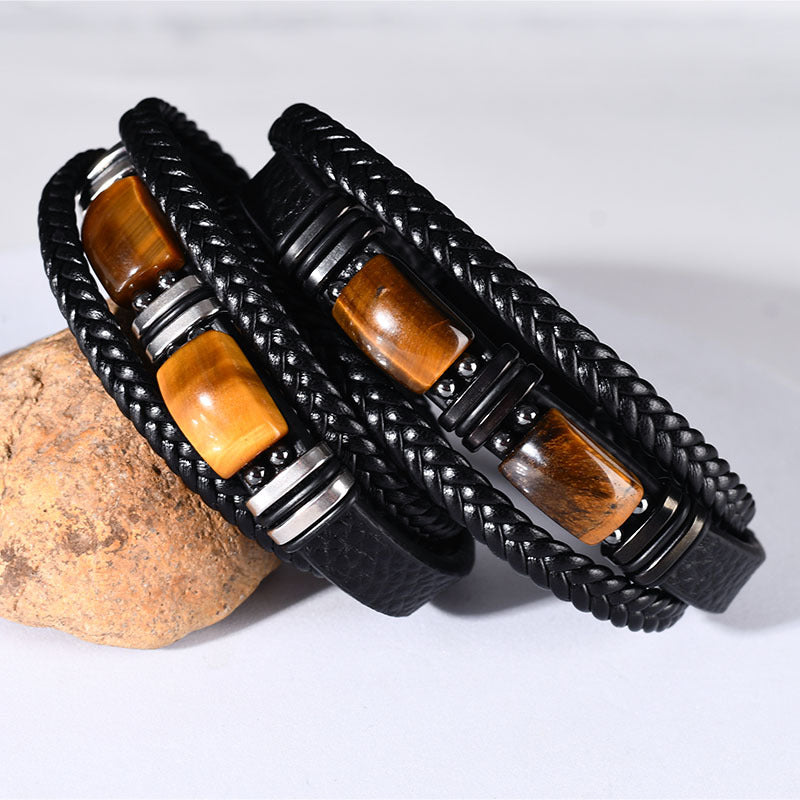 Men's Tiger Eye Stone Bracelet Multi-Layer Leather & Rope with Magnetic Clasp | YM-0096-A