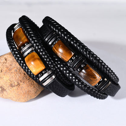 Men's Tiger Eye Stone Bracelet Multi-Layer Leather & Rope with Magnetic Clasp | YM-0096-A