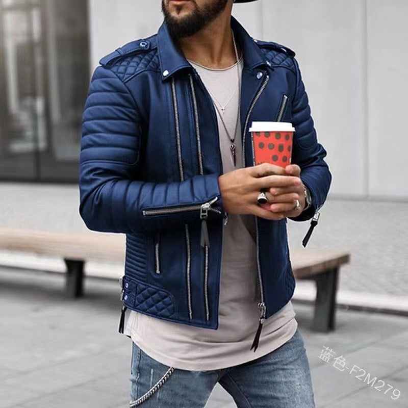 Lapel Casual Zipper PU Cardigan Thick Coat Long Sleeve Outdoor Solid Color Slim Fit Jacket |