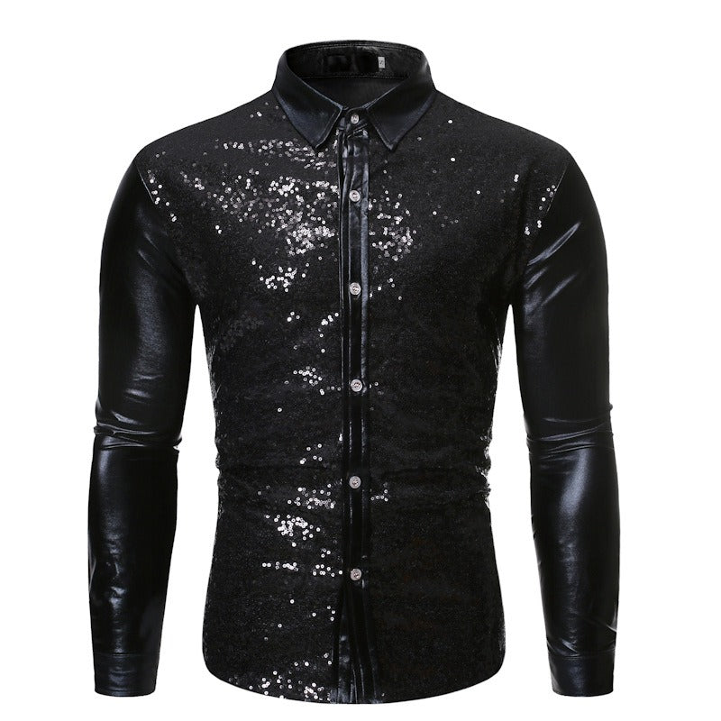 Men's Sequined Bronzing Patchwork Dance Shirt Slim Breathable Party Top | ZT-CS86