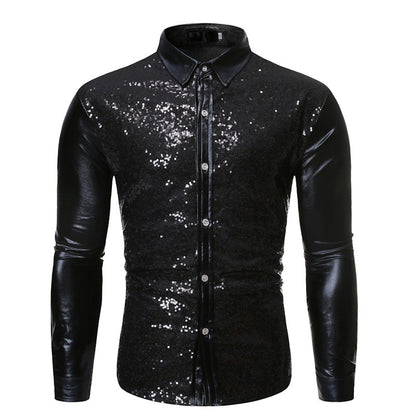 Men's Sequined Bronzing Patchwork Dance Shirt Slim Breathable Party Top | ZT-CS86