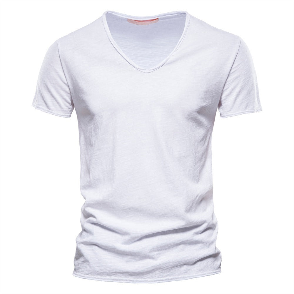 Men’s Deep V-Neck T-Shirt 100% Cotton Plain V-Collar Tee High-Quality Basic T-Shirt | F037