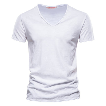 Men’s Deep V-Neck T-Shirt 100% Cotton Plain V-Collar Tee High-Quality Basic T-Shirt | F037