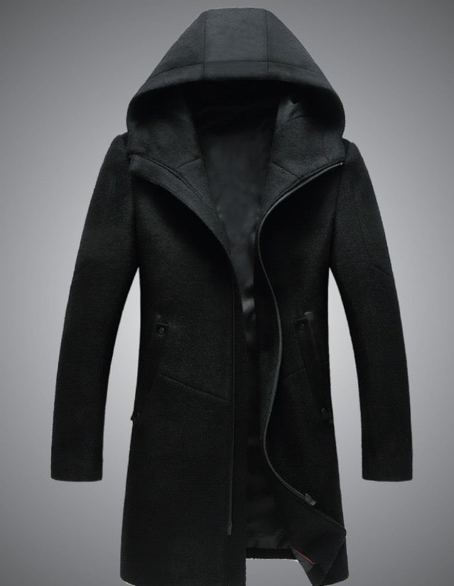 Trench-coat mi-long à capuche et fermeture éclair en laine mélangée de qualité supérieure pour homme | B518 