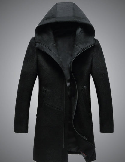 Trench-coat mi-long à capuche et fermeture éclair en laine mélangée de qualité supérieure pour homme | B518 