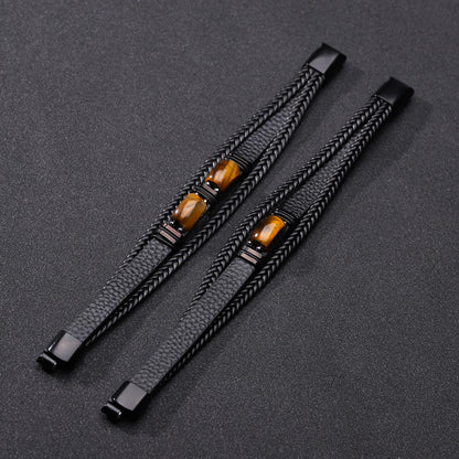 Men's Tiger Eye Stone Bracelet Multi-Layer Leather & Rope with Magnetic Clasp | YM-0096-A