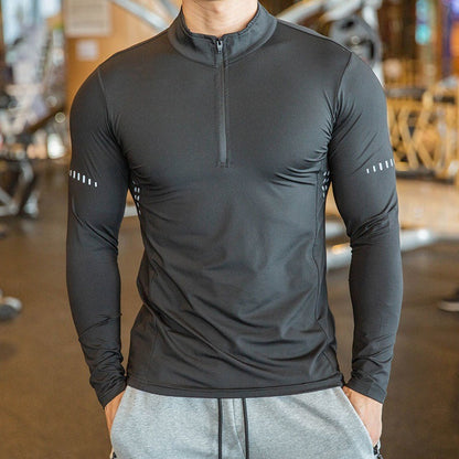 Maglietta da corsa traspirante da uomo ad asciugatura rapida, a maniche lunghe, per palestra, fitness, ciclismo, con cerniera | P37 