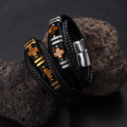 Men’s Magnetic Leather Bracelet Tiger Eye Stone & Double Cross Stainless Steel | YM-0361