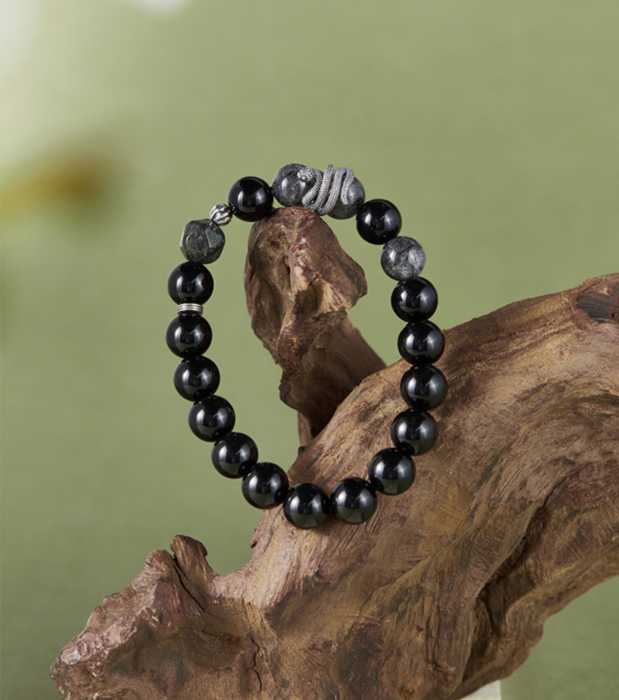 Black Mamba Serpent’s Essence Obsidian Crystal & Silver Snake Bracelet for Men | VB24731-1BBYS