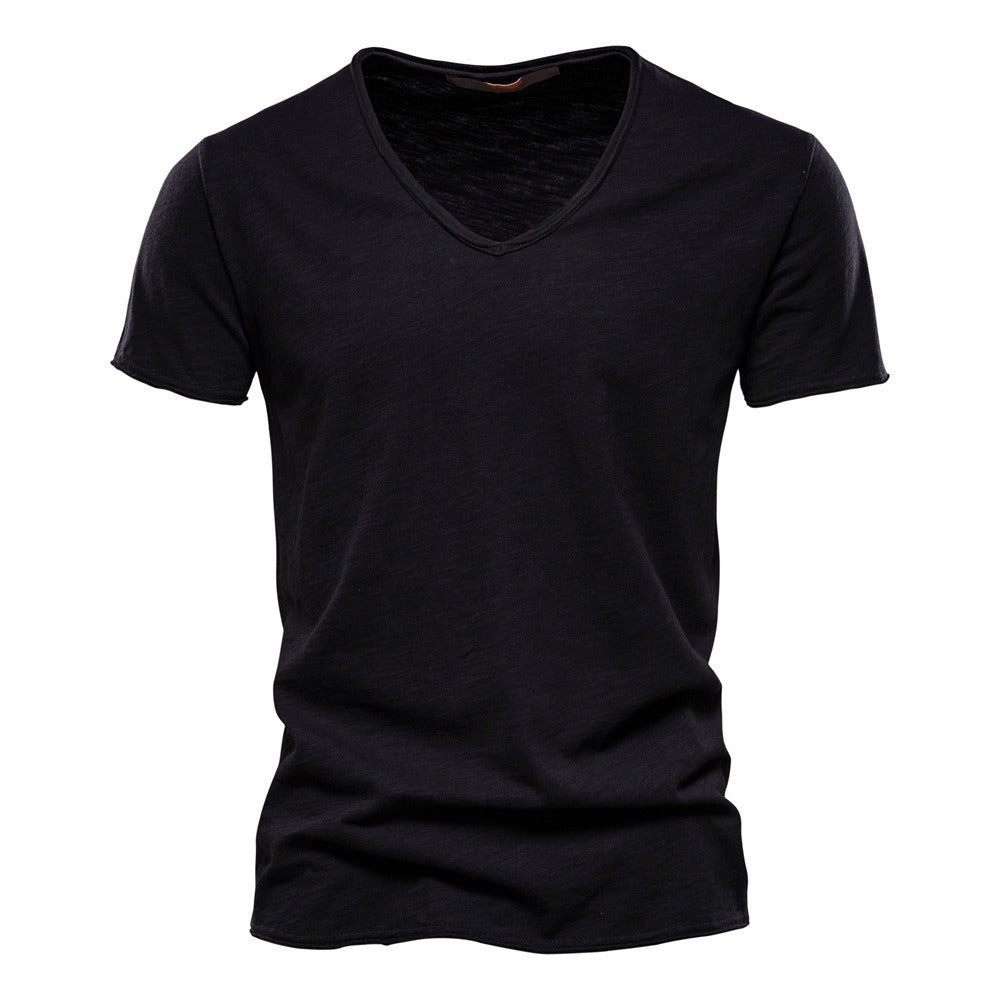 Men’s Deep V-Neck T-Shirt 100% Cotton Plain V-Collar Tee High-Quality Basic T-Shirt | F037