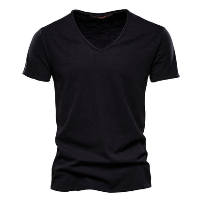 Men’s Deep V-Neck T-Shirt 100% Cotton Plain V-Collar Tee High-Quality Basic T-Shirt | F037
