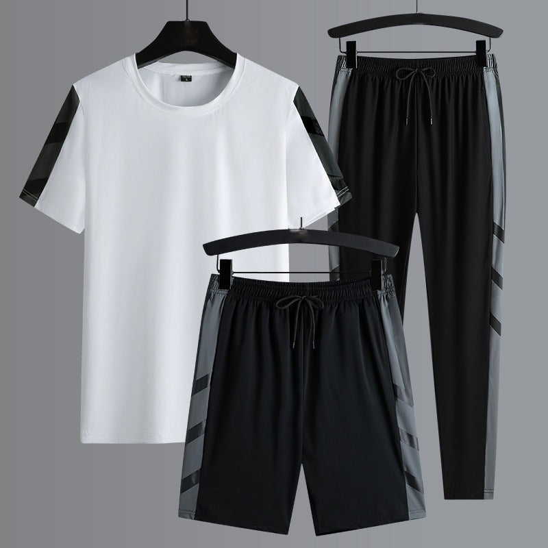 Men's Set Clothes 3 Pieces T Shirt Short Sleeve Solid Color Summer Sets | 1083