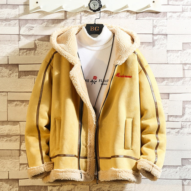 Men Retro Polar Fleece Workwear Cotton Coat Stand-Up Collar Hooded Loose Fit Casual Jacket | A048MY10