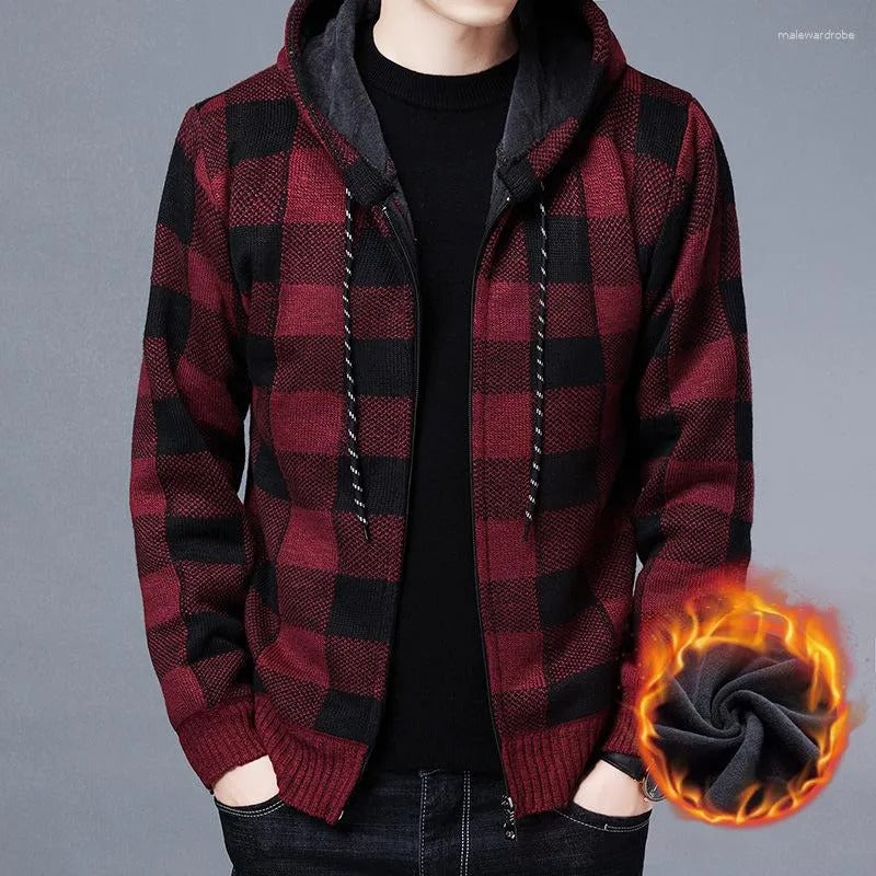 Cappotto invernale casual da uomo con cappuccio in maglia, maglione scozzese, cardigan con cerniera completa 