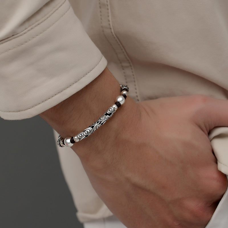 Men’s Sterling Silver Celestial Relief Bracelet Adjustable Fortune Wristband 3D Handcrafted Spiritual Design | CB22031-1BYSR
