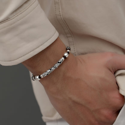 Men’s Sterling Silver Celestial Relief Bracelet Adjustable Fortune Wristband 3D Handcrafted Spiritual Design | CB22031-1BYSR