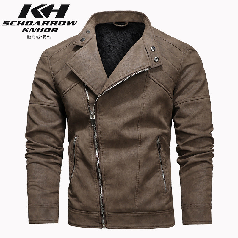 Men's PU Leather Jacket Padded Lapel Oblique Lapel Zipper Korean Stand-up Collar Jacket Blazer | KH-138