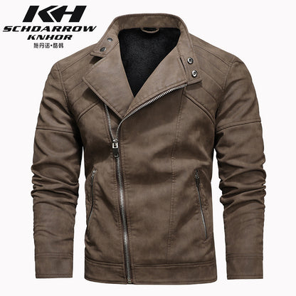 Men's PU Leather Jacket Padded Lapel Oblique Lapel Zipper Korean Stand-up Collar Jacket Blazer | KH-138