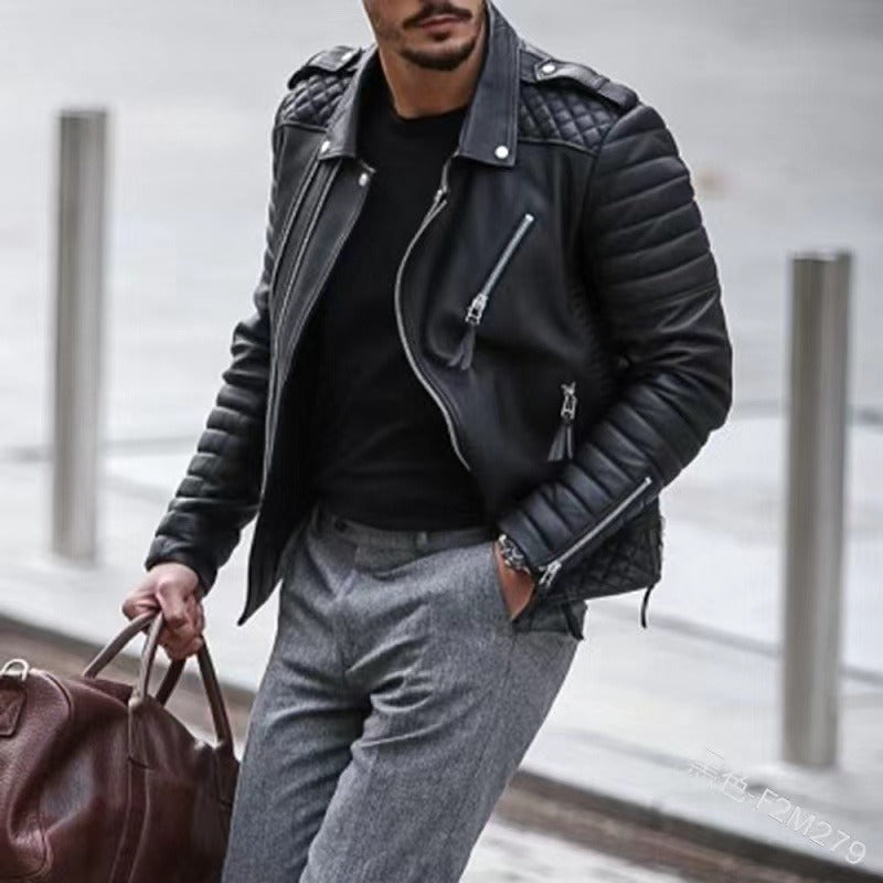 Lapel Casual Zipper PU Cardigan Thick Coat Long Sleeve Outdoor Solid Color Slim Fit Jacket |
