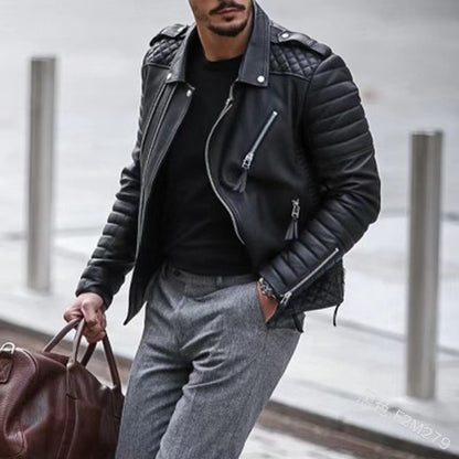Lapel Casual Zipper PU Cardigan Thick Coat Long Sleeve Outdoor Solid Color Slim Fit Jacket |