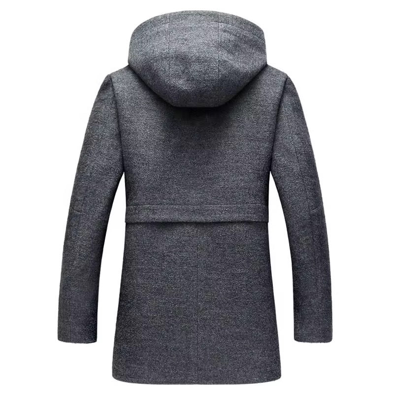 Trench-coat mi-long à capuche et fermeture éclair en laine mélangée de qualité supérieure pour homme | B518 