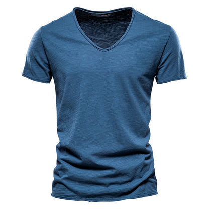 Men’s Deep V-Neck T-Shirt 100% Cotton Plain V-Collar Tee High-Quality Basic T-Shirt | F037