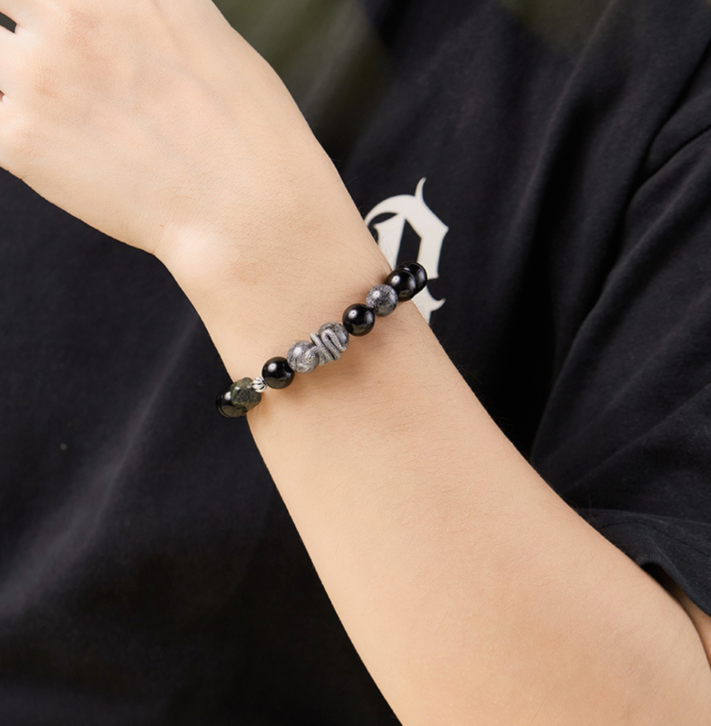 Black Mamba Serpent’s Essence Obsidian Crystal & Silver Snake Bracelet for Men | VB24731-1BBYS