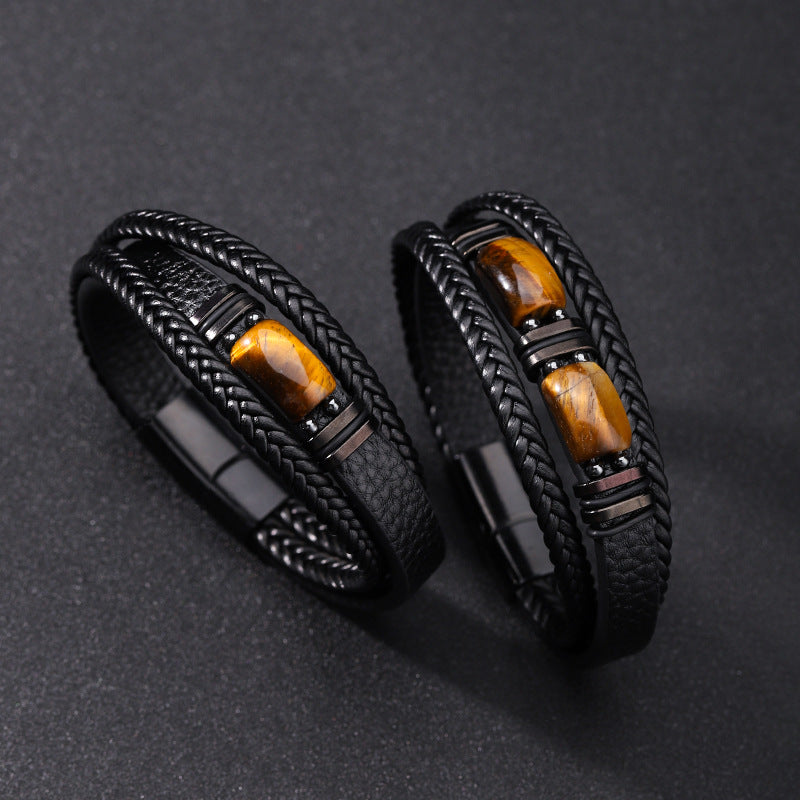 Men's Tiger Eye Stone Bracelet Multi-Layer Leather & Rope with Magnetic Clasp | YM-0096-A