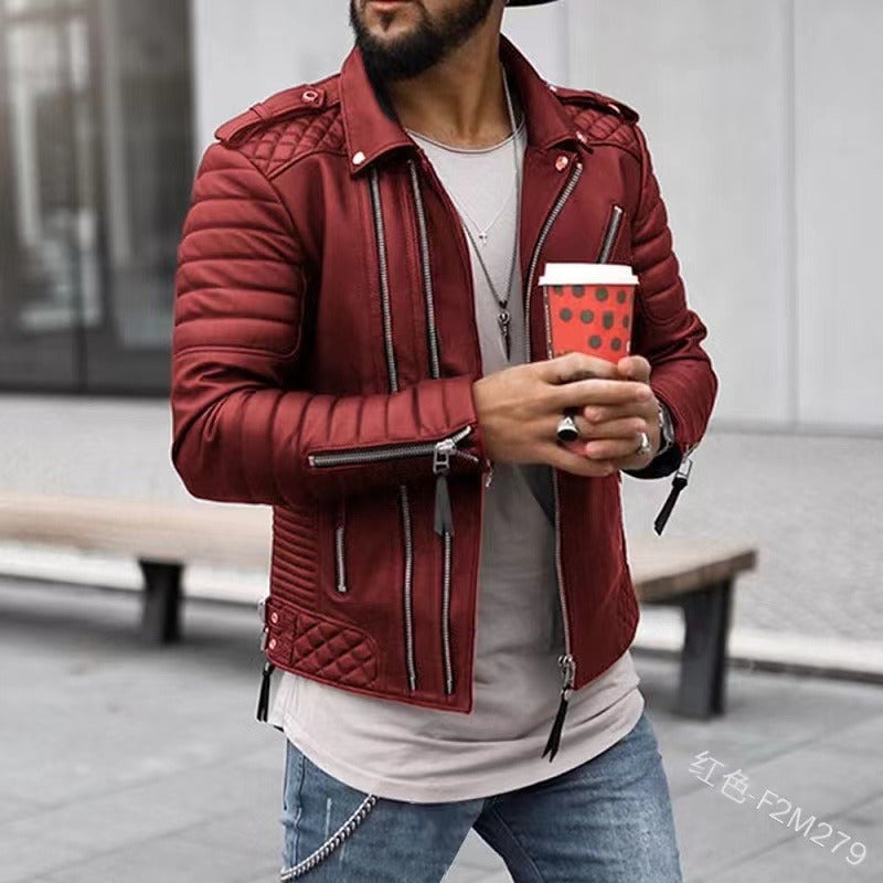 Lapel Casual Zipper PU Cardigan Thick Coat Long Sleeve Outdoor Solid Color Slim Fit Jacket |