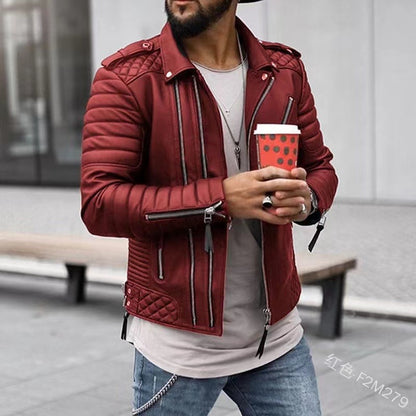 Lapel Casual Zipper PU Cardigan Thick Coat Long Sleeve Outdoor Solid Color Slim Fit Jacket |