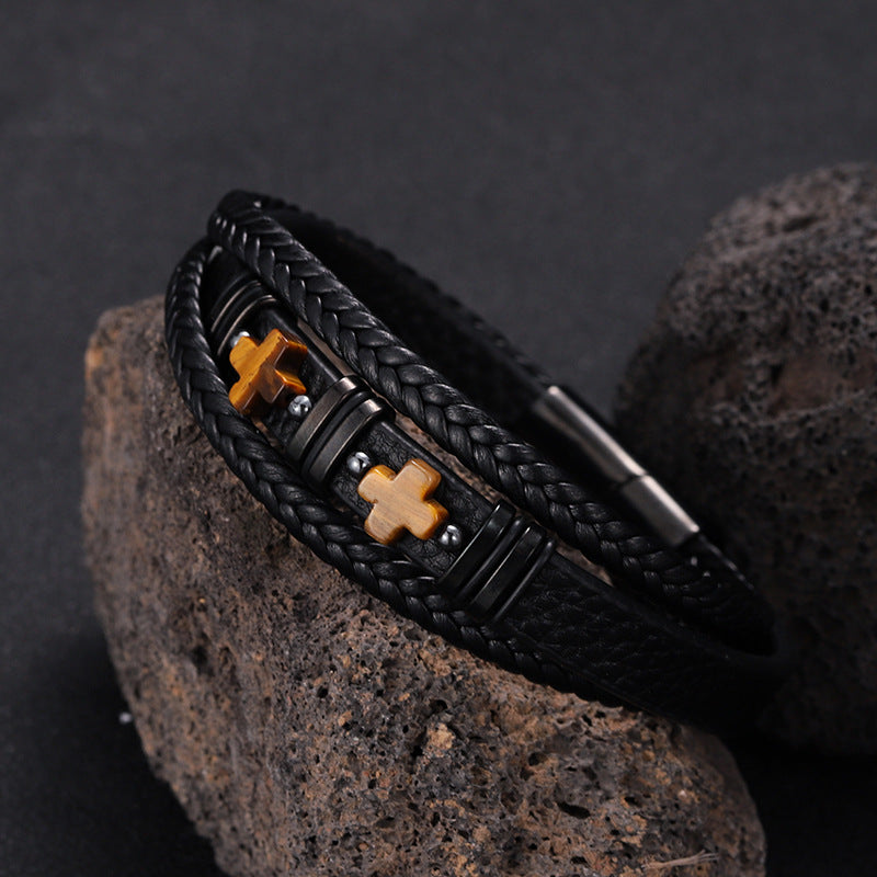 Men’s Magnetic Leather Bracelet Tiger Eye Stone & Double Cross Stainless Steel | YM-0361
