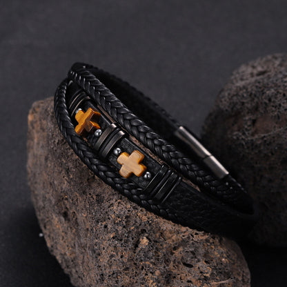 Men’s Magnetic Leather Bracelet Tiger Eye Stone & Double Cross Stainless Steel | YM-0361
