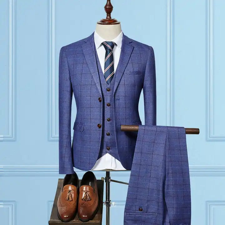 Costume formel 3 pièces rétro en tweed à carreaux, coupe slim à simple boutonnage, blazer, gilet et pantalon, tenue d'affaires, robe de soirée de mariage | 307