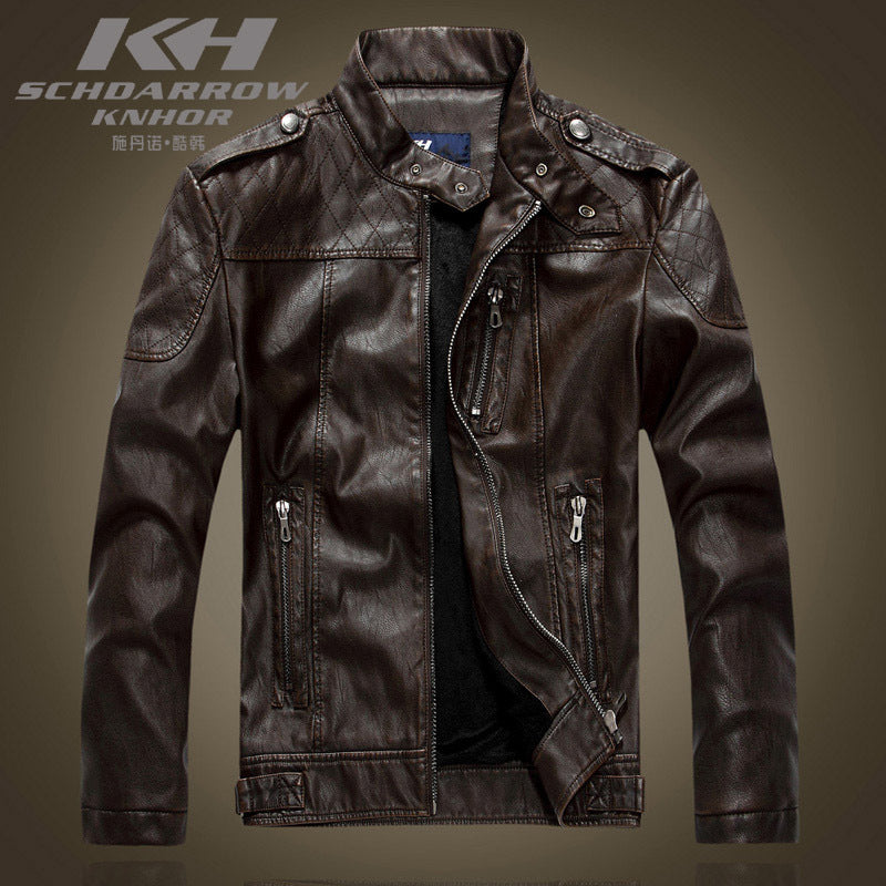 Leather Jacket Men's Standing Collar Washed PU Leather Jacket Nostalgia | 8899