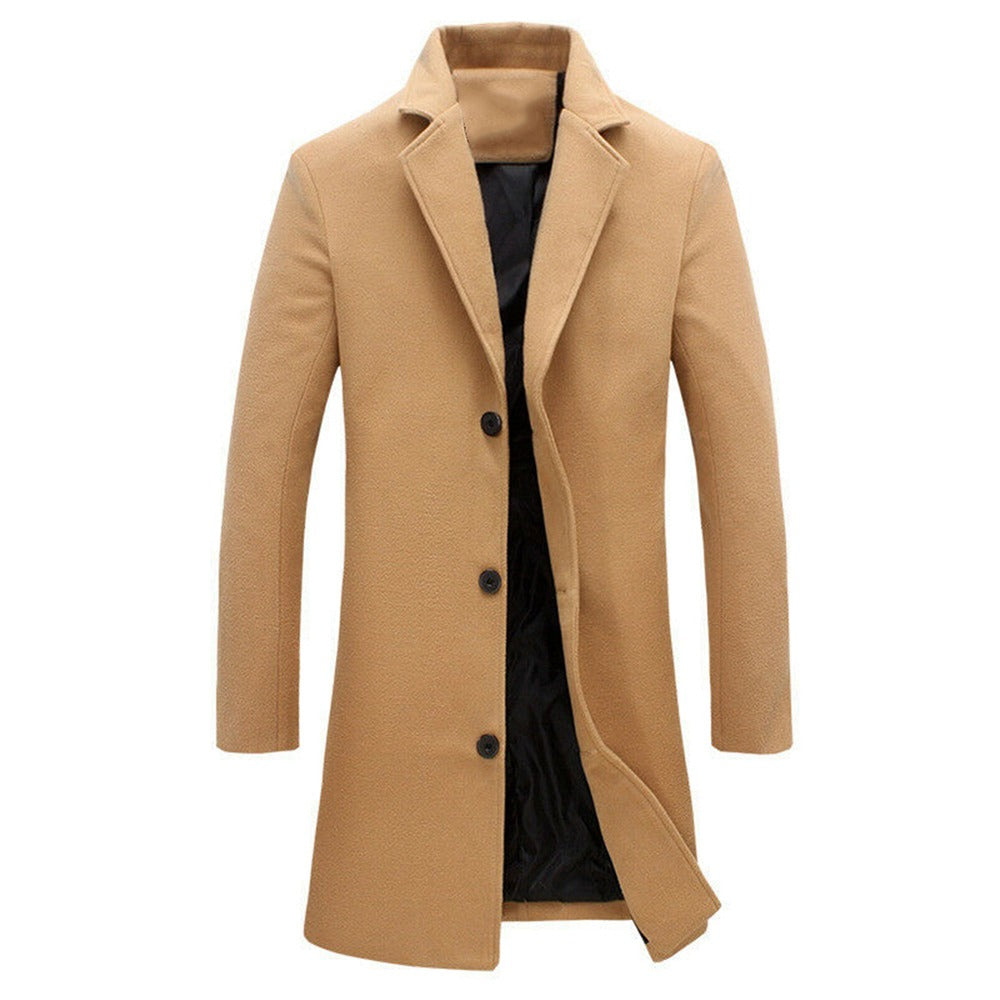 Giacca da uomo in lana tinta unita monopetto con risvolto lungo cappotto business soprabito | D67 