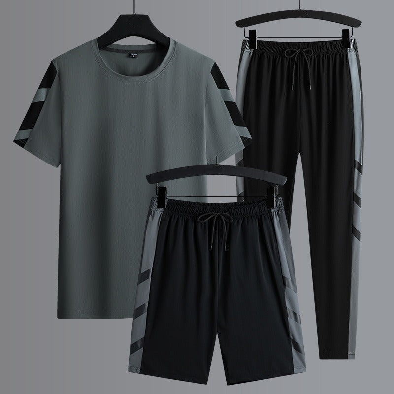 Men's Set Clothes 3 Pieces T Shirt Short Sleeve Solid Color Summer Sets | 1083