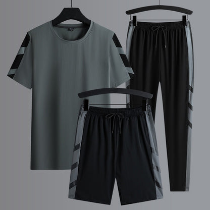 Men's Set Clothes 3 Pieces T Shirt Short Sleeve Solid Color Summer Sets | 1083