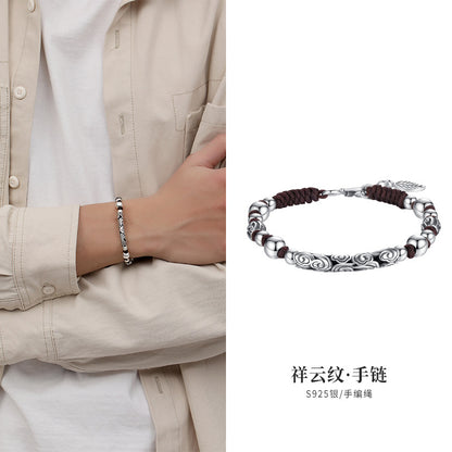 Men’s Sterling Silver Celestial Relief Bracelet Adjustable Fortune Wristband 3D Handcrafted Spiritual Design | CB22031-1BYSR
