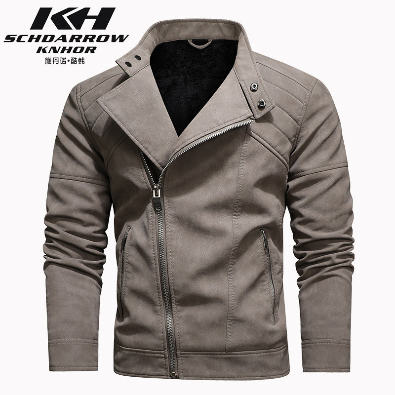 Men's PU Leather Jacket Padded Lapel Oblique Lapel Zipper Korean Stand-up Collar Jacket Blazer | KH-138