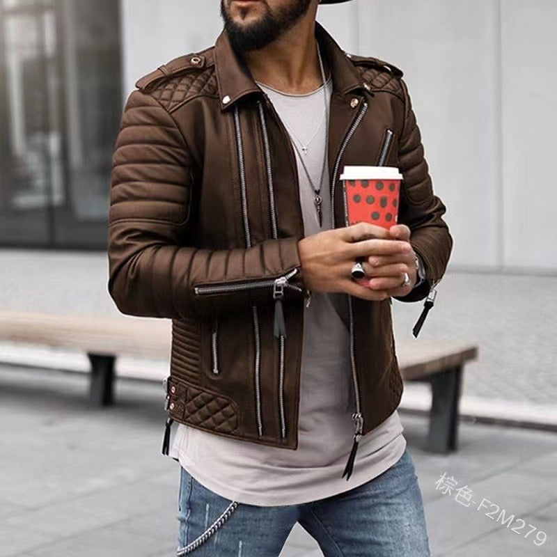 Lapel Casual Zipper PU Cardigan Thick Coat Long Sleeve Outdoor Solid Color Slim Fit Jacket |
