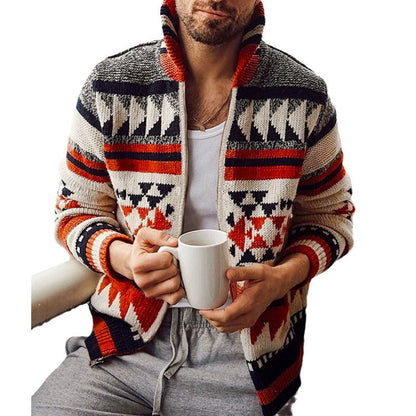 Men's Zipper Cardigan Jacket European & American Long Sleeve Lapel Jacquard Sweater | SY0012