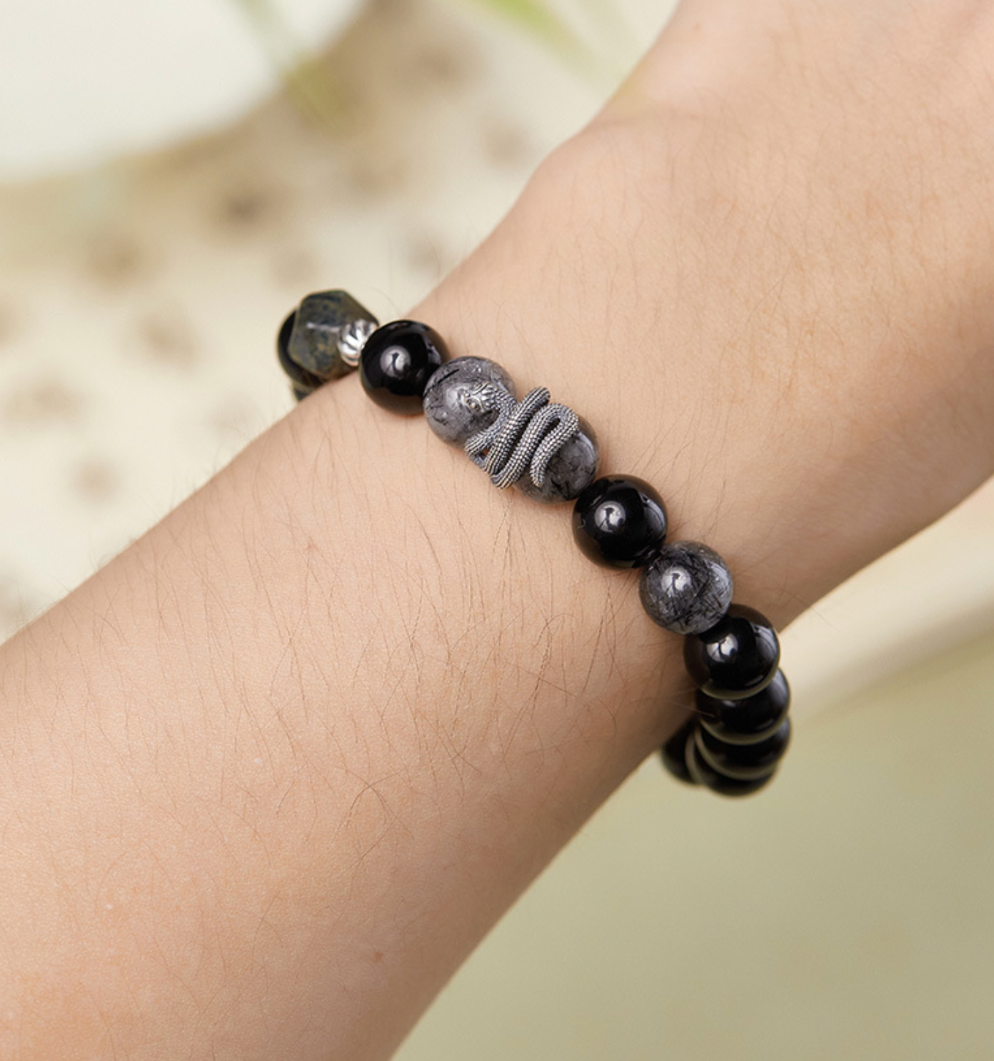 Black Mamba Serpent’s Essence Obsidian Crystal & Silver Snake Bracelet for Men | VB24731-1BBYS