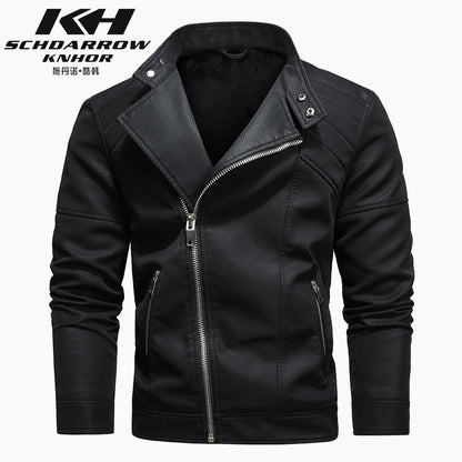 Men's PU Leather Jacket Padded Lapel Oblique Lapel Zipper Korean Stand-up Collar Jacket Blazer | KH-138