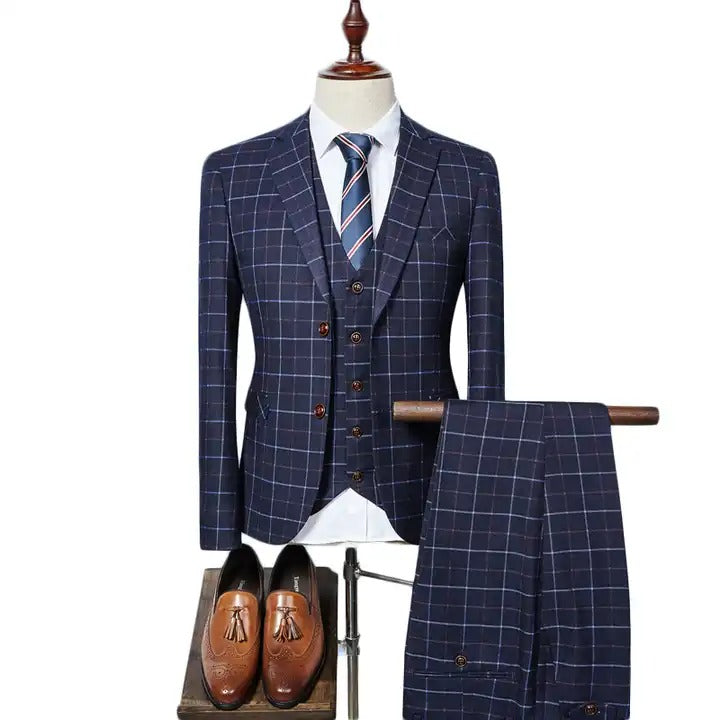 Costume formel 3 pièces rétro en tweed à carreaux, coupe slim à simple boutonnage, blazer, gilet et pantalon, tenue d'affaires, robe de soirée de mariage | 307