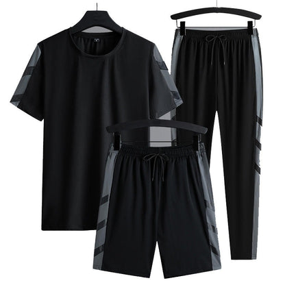 Men's Set Clothes 3 Pieces T Shirt Short Sleeve Solid Color Summer Sets | 1083
