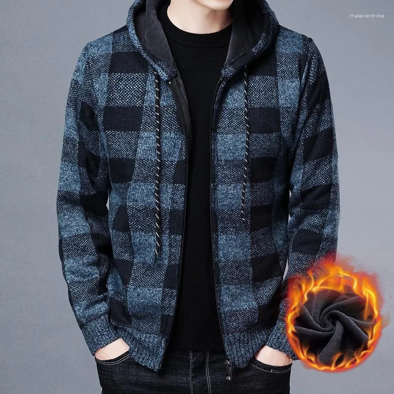 Cappotto invernale casual da uomo con cappuccio in maglia, maglione scozzese, cardigan con cerniera completa 
