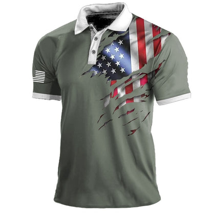 Polo à imprimé drapeau américain pour homme, t-shirt de sport à manches courtes et revers pour l'extérieur | 112 