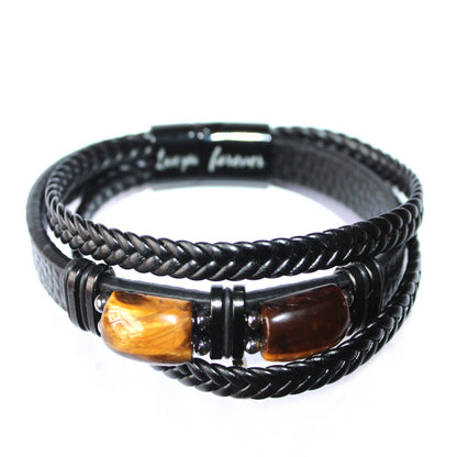 Men's Tiger Eye Stone Bracelet Multi-Layer Leather & Rope with Magnetic Clasp | YM-0096-A